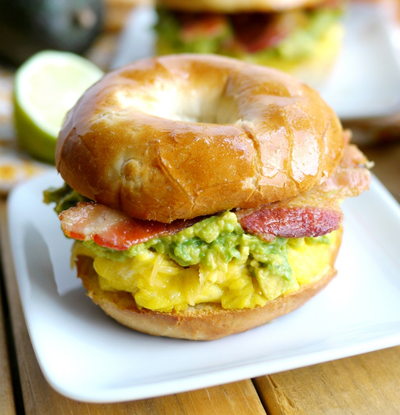 Cheesy Egg Avocado and Bacon Breakfast Sandwich