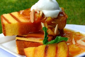 Grilled Pound Cake with Warm Peach Coulis and Chantilly Cream