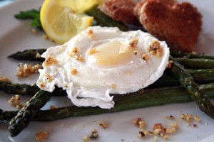 Roasted Asparagus with a Perfectly Poached Egg and Ground Almond Crumble