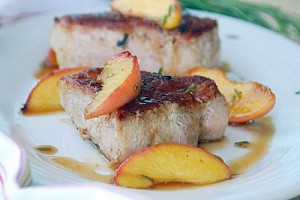 Skillet Boneless Pork Chops with Rosemary Peaches