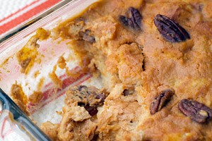 Pumpkin Bread Pudding with Maple and Pecans