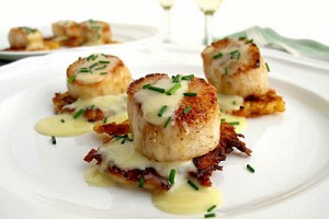 Seared Scallops Over Celeriac Pancakes with Champagne Beurre Blanc