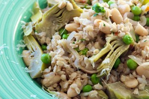 Farro with Baby Artichokes, Mushrooms, and Peas