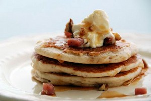 Savory Chestnut Pancakes with Pancetta, Creme Fraiche, and Cinnamon Maple Syrup