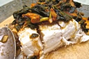 Alaskan Halibut in a Roasted Tomato-Spinach-Mushroom Sauce