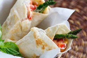 Eggplant, Asparagus, and Smoked Mozzarella Sandwich Wraps with Red Pepper Mayo